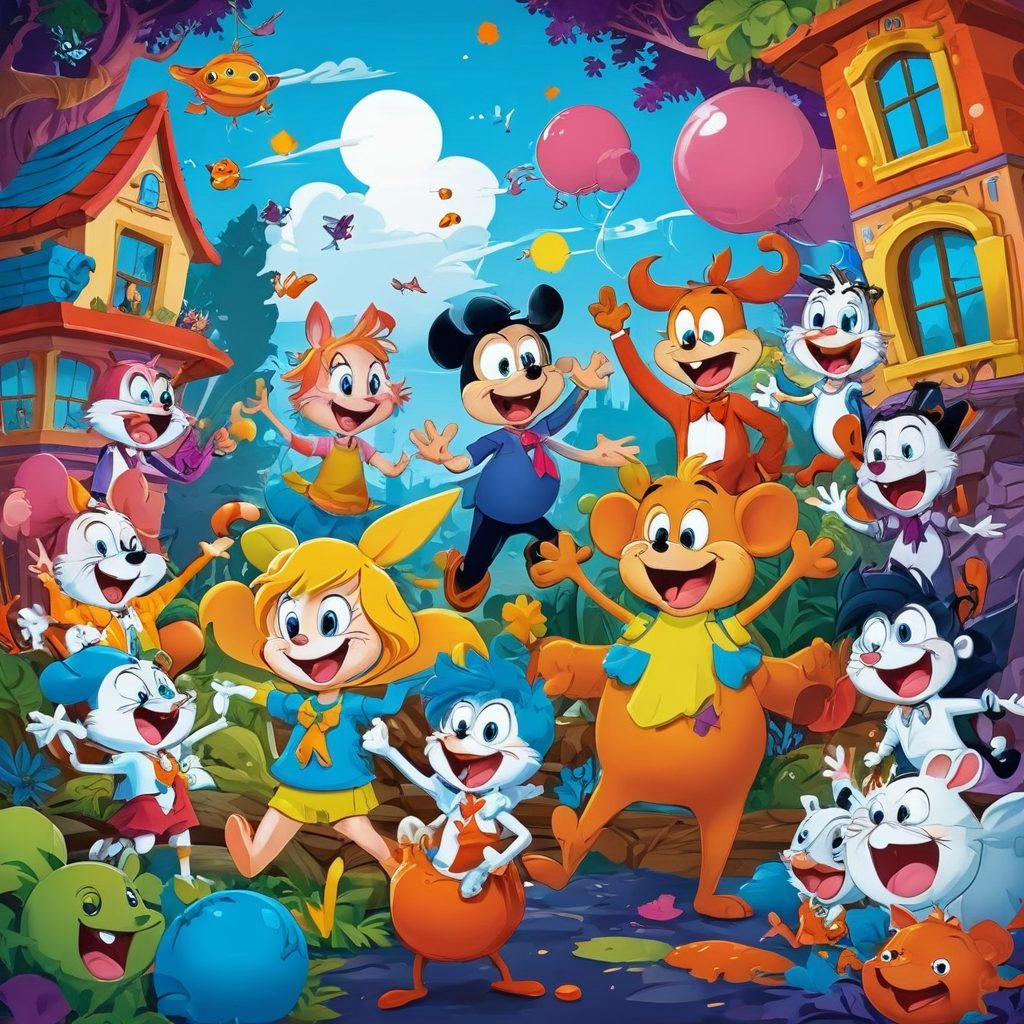 A whimsical scene featuring playful cartoon characters in a vibrant, risqué adventure setting, with exaggerated expressions and humorous poses. Include elements of mischief such as cheeky pranks and humorous situations, blending colorful fantasy backgrounds. Add a hint of innocence juxtaposed with naughtiness through their attire and surroundings, capturing the essence of fun and entertainment. cartoon-style. bright colors. dynamic composition.