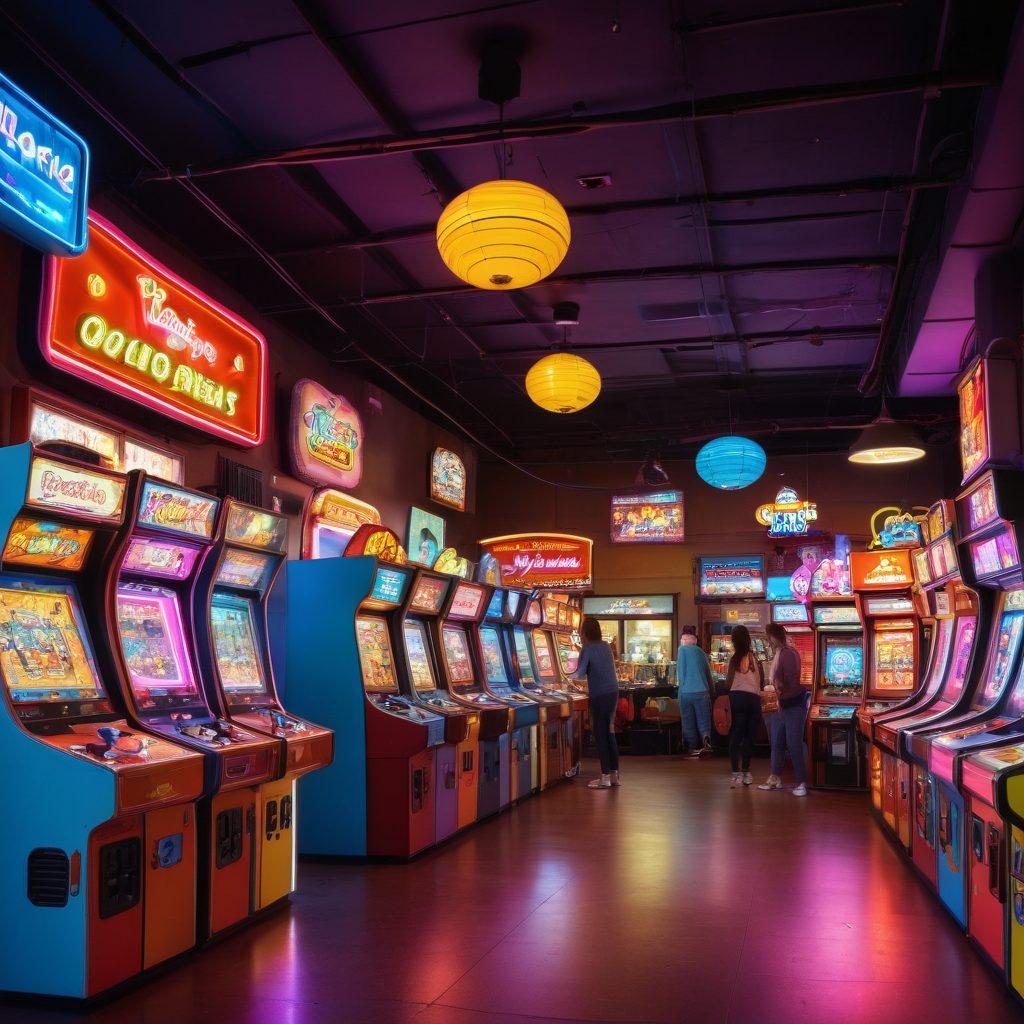 A whimsical and colorful scene depicting adults joyfully playing various cartoon-themed games in a lively arcade. Characters from popular adult cartoons are interacting, showcasing exaggerated expressions of excitement and laughter. Bright neon lights and vibrant game machines create an engaging atmosphere. Include elements like plush toys and soda cans scattered around, emphasizing a fun-filled, carefree environment. vector art. vibrant colors.